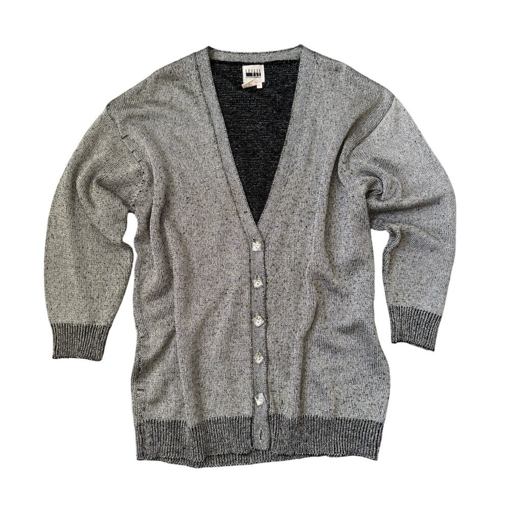 Vintage 70s Sliver & Black Metallic Cardigan Sweater Glam Disco Party Top L